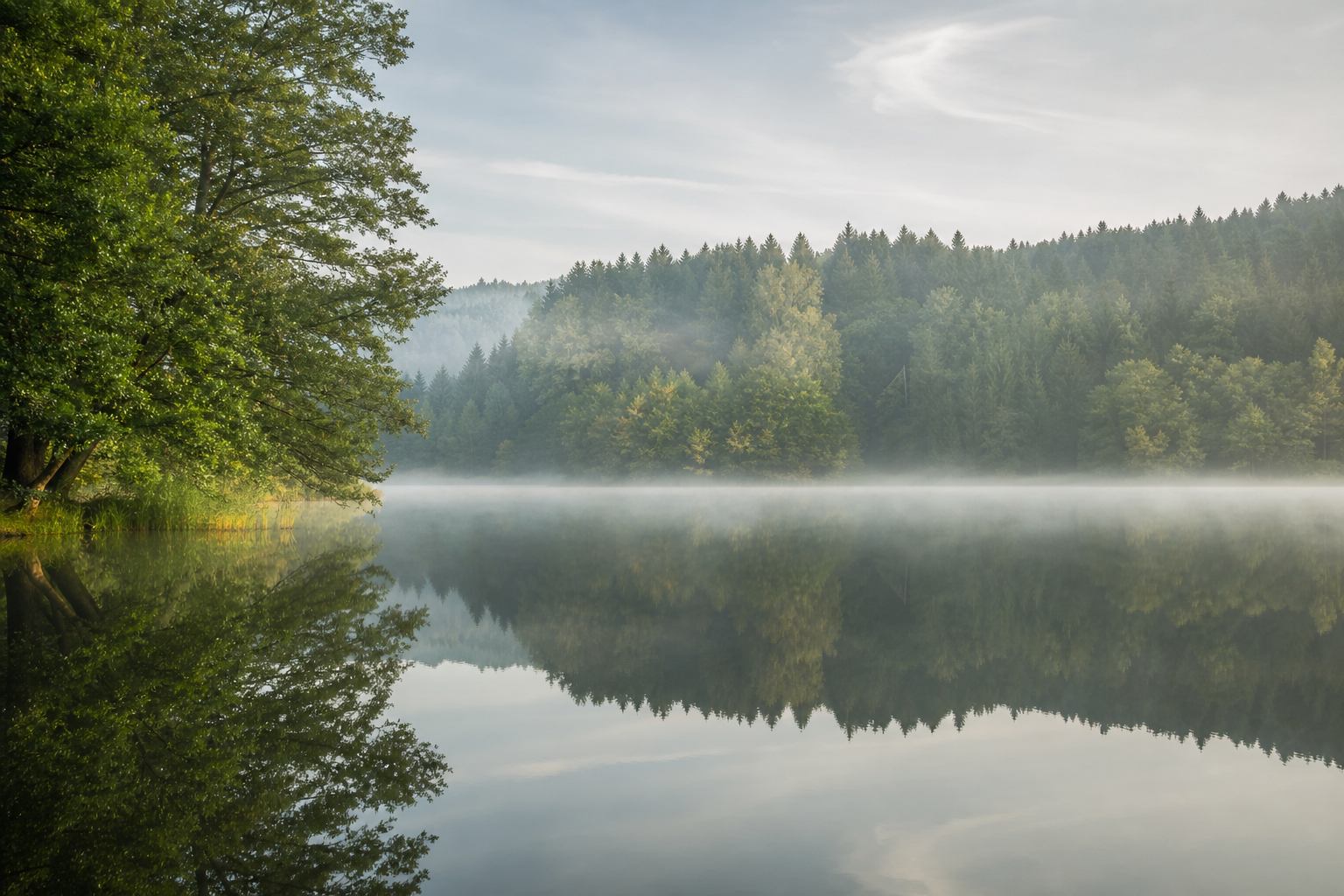 Ruhiger See der Mecklenburgischen Seenplatte mit Waldsaum